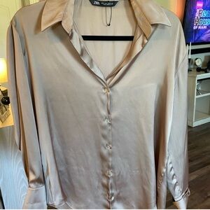 Zara Satin Button Down Shirt - Champagne